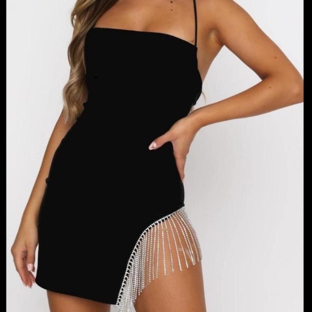 White Fox Boutique black rhinestone side slit tight bodycon dress.